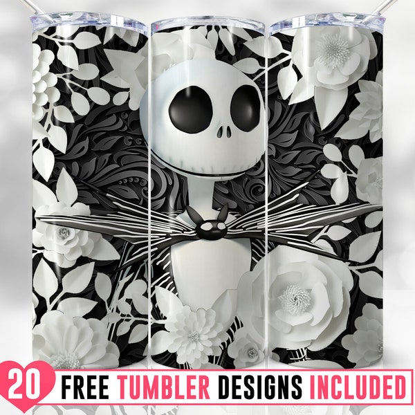 20oz 3D Halloween Jack Skinny Tumbler Wrap Png, Skeleton, Floral Flower, Sally Nightmare Before, Wrap, Sublimation, Png,Seamless,Tumbler