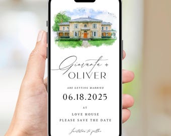 Digital Venue Sketch Save the Date: Watercolor Wedding E-vite (JPEG, PNG, PDF