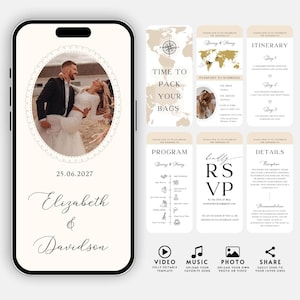 May include: A wedding invitation template with a beige background and a photo of a couple dancing. The text "25.06.2027 Elizabeth & Davidson" is displayed on the invitation. The template includes a program, itinerary, details, RSVP, and a video, music, photo, and share section.