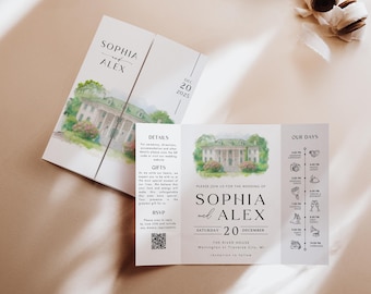 Personalised Venue Watercolour Wedding Invitation, Custom Illustration Gatefold Suite (Digital Download)