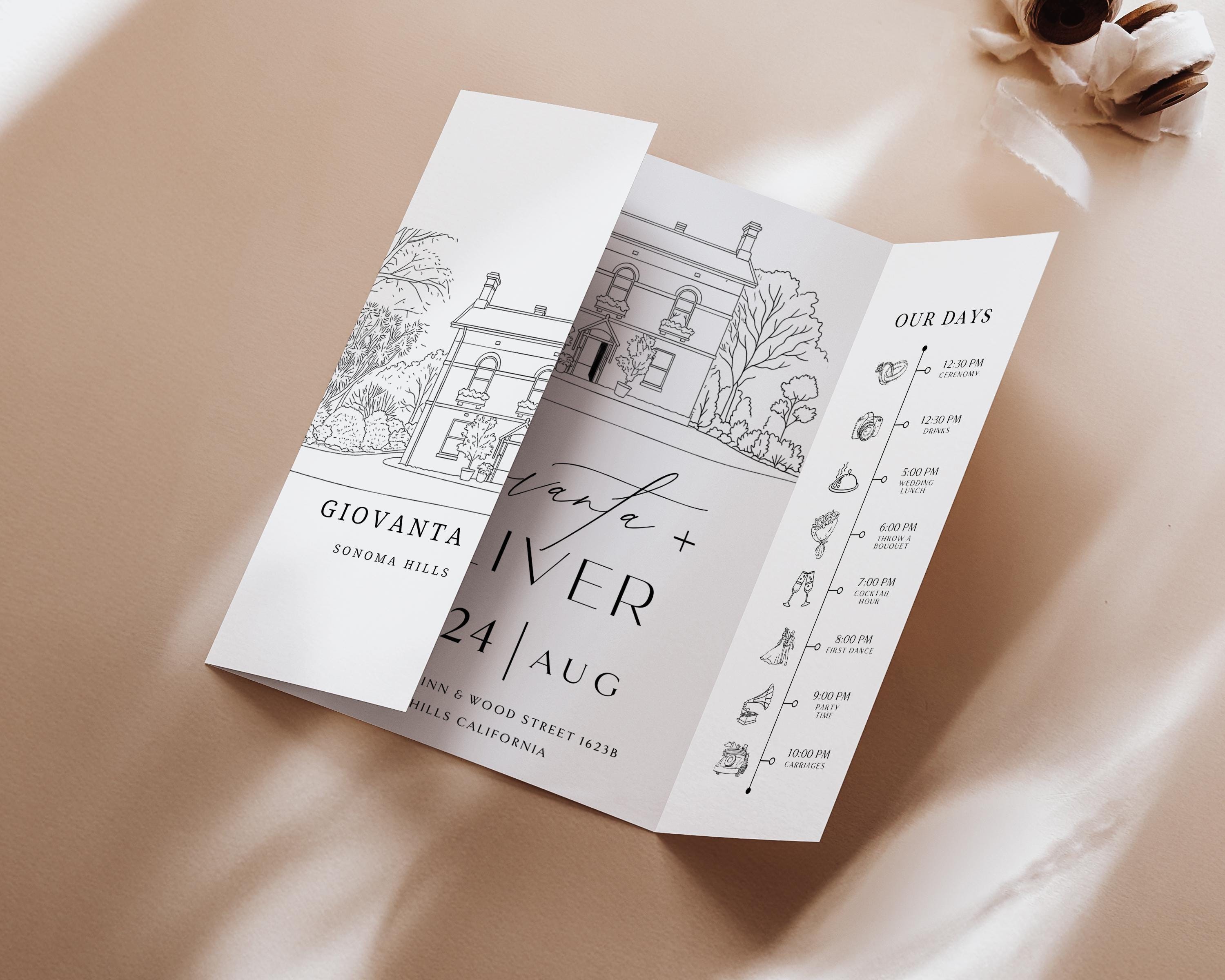 Custom Wedding Venue Invitation: Line Drawing Gatefold Template ...