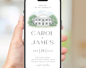 Digital Venue Sketch Save the Date: Watercolor Wedding E-vite (JPEG, PNG, PDF