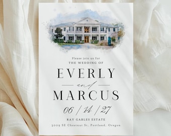 Personalized Watercolor Wedding Venue Invitation, Custom Venue Illustration Stationery (Digital Download)