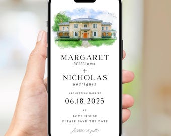 Digital Venue Sketch Save the Date: Watercolor Wedding E-vite (JPEG, PNG, PDF