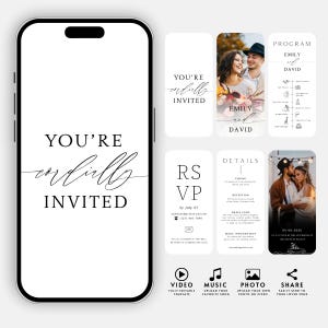 Plantilla de videoinvitación de boda, invitación de boda animada, invitación digital para teléfono, mensaje de texto de Canva, invitación de boda minimalista