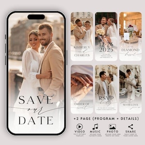 Op de afbeelding: Een mock-up van een telefoonscherm voor een save-the-date voor een bruiloft met een stel op de achtergrond. De tekst "Save our Date" is in zwart en wit met een dunne zwarte lijn onder het woord "our". Het scherm is verdeeld in zes secties, elk met een ander beeld en tekst. De linkerbovenste sectie toont het stel, de middelste bovenste sectie toont de datum en locatie van de bruiloft, de rechterbovenste sectie toont de trouwlocatie, de linkeronderste sectie toont een close-up van een ring, de middelste onderste sectie toont de RSVP-informatie en de rechteronderste sectie toont een stel met de tekst "With Love". Onderaan het scherm staan ​​pictogrammen voor video, muziek, foto en delen.