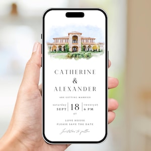 Digital Venue Sketch Save the Date: Watercolor Wedding E-vite (JPEG, PNG, PDF