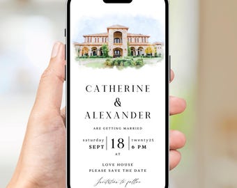 Digital Venue Sketch Save the Date: Watercolor Wedding E-vite (JPEG, PNG, PDF