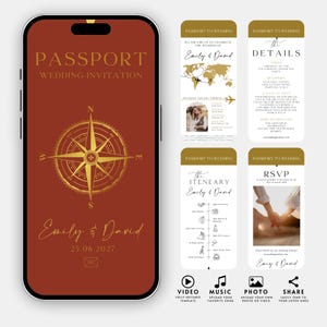 May include: A mobile phone displays a passport-themed wedding invitation. The main screen features a compass design in gold on a rust-colored background. Additional screens show wedding details, itinerary, and RSVP information.