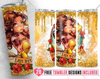 20oz Princess Beauty Skinny Tumbler Sublimation Png, Personnage de dessin animé Png, Princesse, Bête, Anime, Love, Straight & Tapered Tumbler Png Design