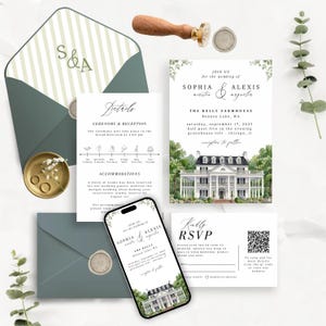 May include: A wedding stationery set featuring a white invitation with a watercolor illustration of a large house, a details card with a timeline, an RSVP card with a QR code, two sage green envelopes, a wooden wax seal stamp, and two gold rings.