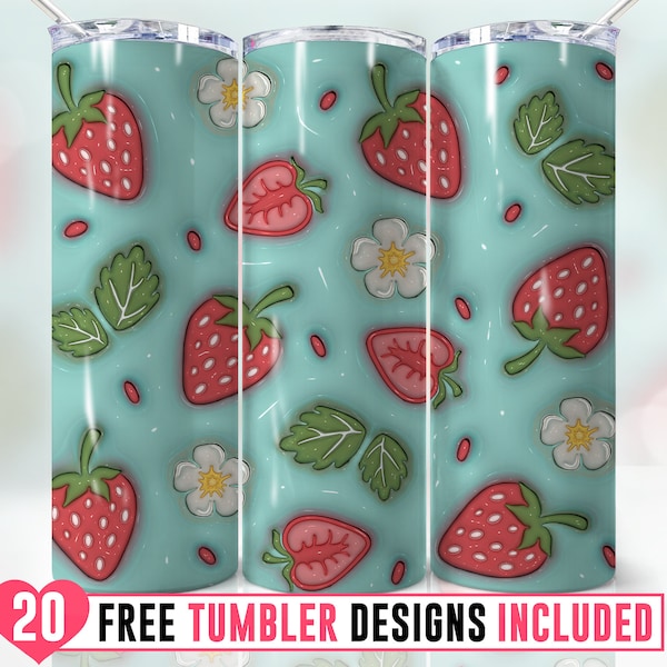 3D Inflated Puff 20oz Strawberry Skinny Tumbler Wrap Png, Daisy, Summer Fruit, Berry, Flower, Sublimation, Wrap Png,Seamless,Tumbler Design