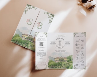May include: Wedding invitation suite featuring a watercolor illustration of a villa and surrounding landscape. The invitation includes the names Sophia and Brandon, the date, and a timeline of events. The design incorporates floral and botanical elements.