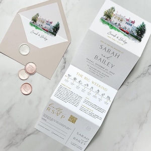 Concertina Trifold Wedding Invitation Template, Concertina Invitation, Customised Venue Illustration, Custom Watercolor Wedding Invitation