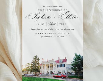 Watercolor Wedding Venue Invitation, Personalized Hand Painted Venue Illustration Invite, Custom Wedding Stationery