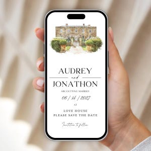 Illustrazione digitale della location Save the Date, Invito digitale per matrimonio, Salva la data della location con acquerello digitale, Salva le date con invito elettronico