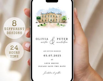 May include: A digital save the date invitation on a smartphone screen featuring a watercolor illustration of a manor house, the names Olivia and Peter, the date 03.07.2025, and the text Love House. Two circular badges indicate 8 different designs.