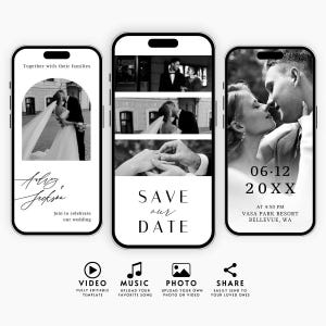Può includere: Modello di telefono in bianco e nero per salvare la data con foto di una coppia e il testo "Save our Date" e "06-12 20XX alle 16:50 Vasa Park Resort Bellevue, WA".
