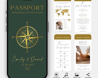 Passport Wedding Invitation Suite Electronic Template, Animated Destination Wedding Invite Set, Add Your Own Photo and Music, Canva template