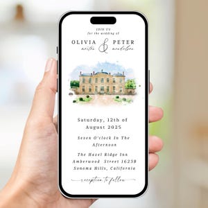 Digital Venue Sketch Save the Date: Watercolor Wedding E-vite (JPEG, PNG, PDF