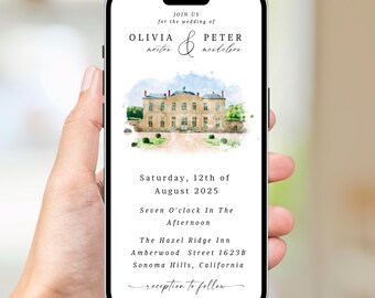Digital Venue Sketch Save the Date: Watercolor Wedding E-vite (JPEG, PNG, PDF