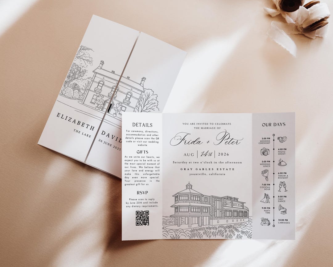 Custom Wedding Venue Illustration Invitation: Line Drawing Gatefold ...