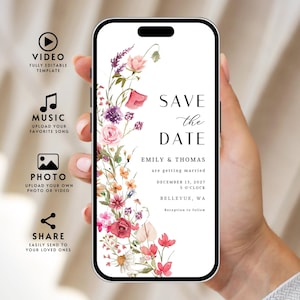 Puede incluir: Una tarjeta digital de guardar la fecha con un diseño floral. El texto dice "Save the Date" con los nombres Emily & Thomas, la fecha 13 de diciembre de 2027, 5 en punto, Bellevue, WA, y Recepción a continuación.