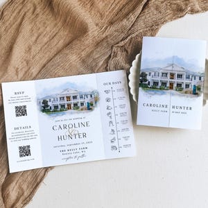 Gatefold Wedding Invitation with Pressed Watercolour Design and Customised Venue Illustration, Custom Watercolor Wedding Invitation,Gatefold