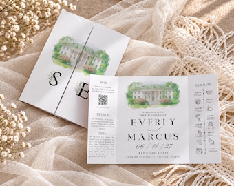 May include: A tri-fold wedding invitation featuring a watercolor illustration of a white estate, the names Everly and Marcus, the date 06/14/27, a QR code, and a timeline of events. The text includes details, gifts, and the address 3009 SE Chestnut St, Portland, Oregon.