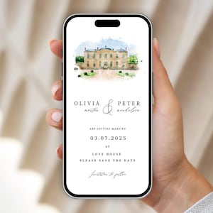Digitale locatieillustratie Save the Date, digitale uitnodiging bruiloft, digitale aquarel Venue Save the Date, E-vite Save the Dates