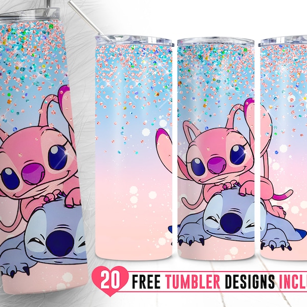 Stitch Color Anime tekenfilm 20oz Skinny Tumbler Wrap Design PNG, Stitch Pink Hibiscus, Straight&Tapered Tumbler Design, Digitale Download, Png