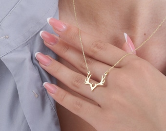 Antler Necklace • 14K Deer Antler Pendant • Delicate Antler Necklace in Solid 14K Yellow, White and Rose Gold