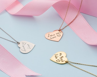 Actual Handwriting Heart Necklace • 14K Solid Gold Handwriting Necklace • Custom Engraved Jewelry • Custom Gift Necklace