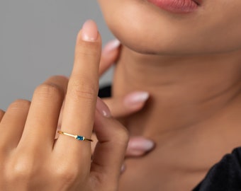 14K Baguette-Cut Gemstone Ring • Dainty Custom Birthstone Ring  • Bridesmaid Gift • Birthday Gift with Personalized Minimalist Gemstone