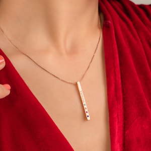 14K Personalized Bar Necklace with Name and Family Members Birthstones • Vertical Bar with Kids Birthstones • Perfect Gift for Moms