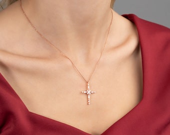 14K Solid Gold Cross Necklace • Charm Cross Necklace • Cross Pendant Necklace • Religious Necklace