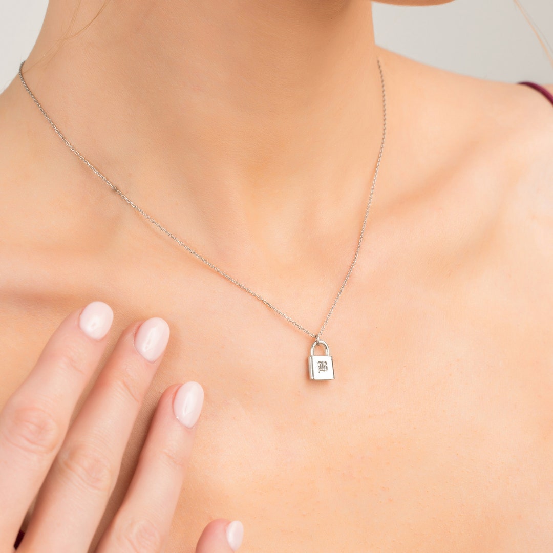 Mini Lock Pendant Necklace  14K Solid Gold Engraved Lock Necklace ...