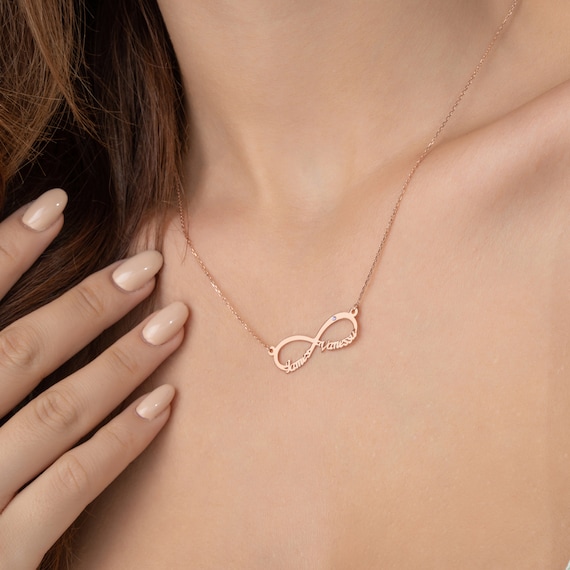 Rose gold infinity necklace with names deals