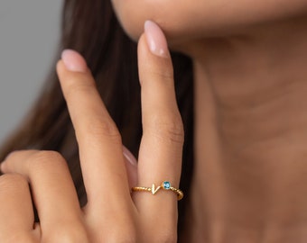 14K Custom Birthstone & Initial Ring • 14K Twisted Band Initial Birthstone Ring • Custom Gemstone Ring • Personalized Gift