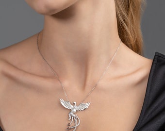 Phoenix Bird Necklace • Fire Bird 14K Gold Simurgh Jewelry • Mythical Necklace Gift with Fairy Tale Charm