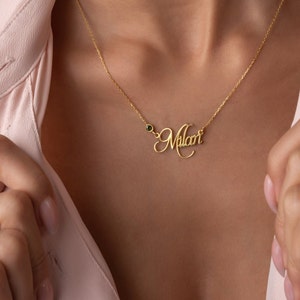 Mothers Name Necklace with Birthstone • 14K Solid Gold Custom Name Necklace • Children Name Necklace • Baby Name Necklace Gift