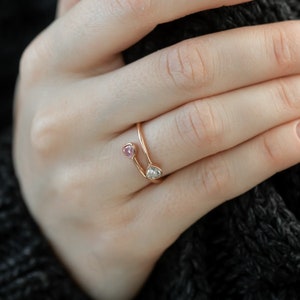 14K Heart Double Stone Ring • Personalized Couple Birthstone Ring • Bypass Two Stone Ring in Solid Yellow, White and Rose Gold
