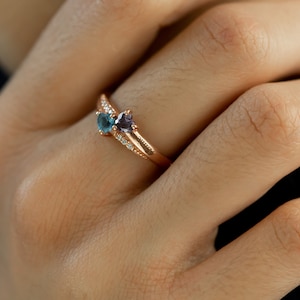 14K Heart Cluster Birthstone Ring with Diamond Accents • Name Engraved Birthstone • Couple Ring in Solid 14K Yellow, White and Rose Gold