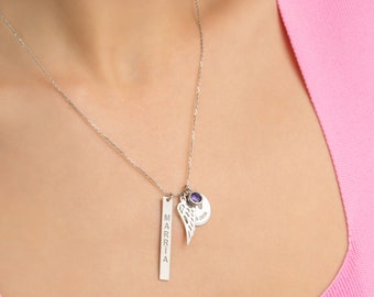14K Birthstone Memorial Necklace • Angel Wing Charm • Miscarriage Jewelry • Pet Loss Gifts
