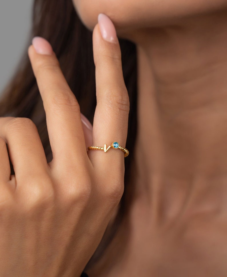 14K Custom Birthstone & Initial Ring 14K Twisted Band Initial Birthstone Ring Custom Gemstone Ring Personalized Gift image 2