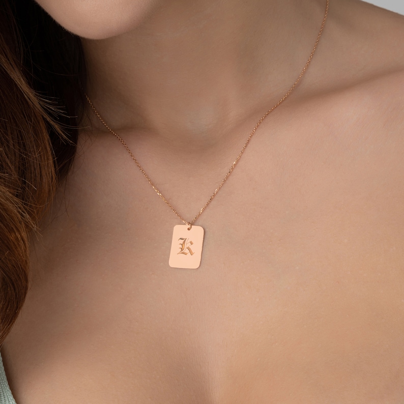 Old English Initial Tag Necklace Keepsake Custom Letter Jewelry Boyfriend's Initial Pendant Gift for Her or Him image 3