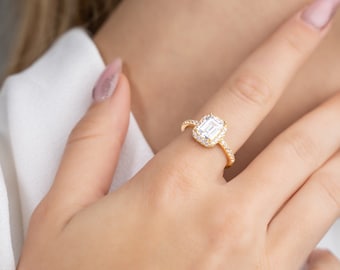 14K Proposal Ring • Diamond Radiant-Cut Engagement Band • Halo Engagement Piece with Diamonds • Wedding Gift