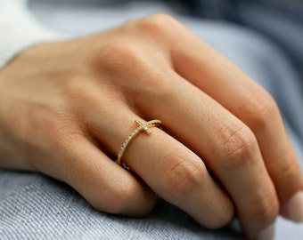 14K Diamond Cross Ring • Sideways Delicate Cross • Dainty Cross Ring in 14K Solid Yellow, White and Rose Gold