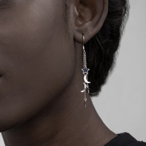 Dangling Star and Moon Earrings • 14K Moon Star Drop Celestial Pieces • Women&#39;s Modern Wire Back Stylish Jewelry