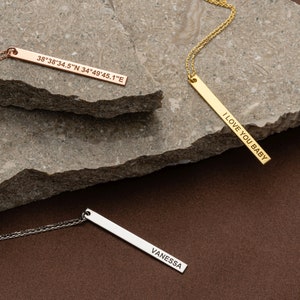 Vertical Bar Necklace 14K Solid Gold Custom Word Necklace Engraved Coordinate Bar Personalized Wedding Gift Jewelry image 5